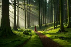 uma vermelho capa é caminhando baixa uma caminho dentro a floresta. gerado por IA foto