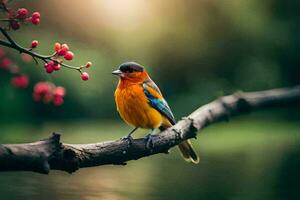 uma colorida pássaro senta em uma ramo perto uma rio. gerado por IA foto