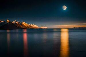 a lua é brilhando sobre a montanhas e água. gerado por IA foto