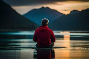 homem sentado dentro a meio do uma lago às pôr do sol. gerado por IA foto