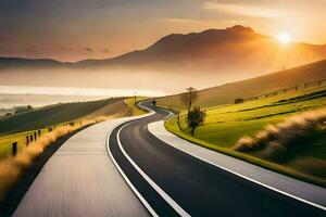 uma estrada dentro a montanhas com a Sol ascendente. gerado por IA foto