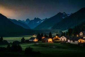 foto papel de parede a céu, montanhas, Vila, casa, luz, a lua, a noite,. gerado por IA