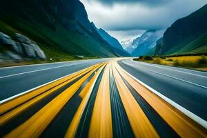 uma grandes exposição fotografia do uma estrada dentro a montanhas. gerado por IA foto