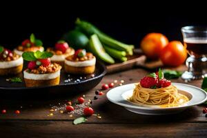 espaguete e de outros Comida em uma mesa. gerado por IA foto