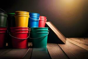 colorida baldes em uma de madeira chão. gerado por IA foto