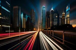 uma cidade rua às noite com luz trilhas. gerado por IA foto