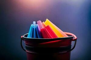uma balde preenchidas com colorida plástico canudos. gerado por IA foto