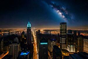 a leitoso brilha brilhantemente sobre a cidade Horizonte. gerado por IA foto