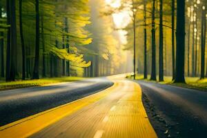 uma grandes estrada dentro a floresta com árvores e amarelo linhas. gerado por IA foto