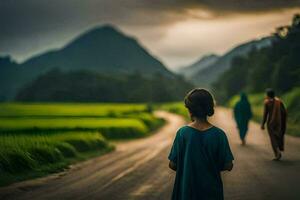 uma mulher caminhando baixa uma estrada com dois pessoas caminhando atrás dela. gerado por IA foto