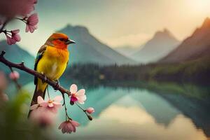 uma pássaro senta em uma ramo perto uma lago e montanhas. gerado por IA foto