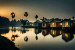 uma grupo do colorida casas em a costa do uma lago. gerado por IA foto