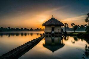 uma pequeno cabana senta em a costa do uma lago às pôr do sol. gerado por IA foto