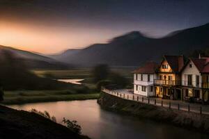 uma casa senta Próximo para uma rio às pôr do sol. gerado por IA foto