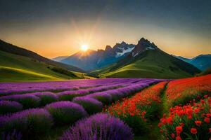 a Sol sobe sobre uma lavanda campo dentro a montanhas. gerado por IA foto