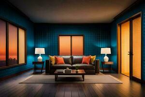 uma vivo quarto com azul paredes e uma sofá. gerado por IA foto