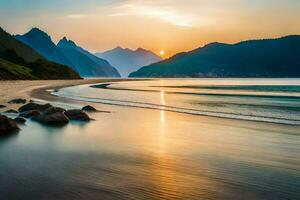 a Sol conjuntos sobre uma de praia e montanhas. gerado por IA foto