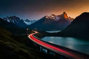 uma ponte sobre uma lago e montanhas às pôr do sol. gerado por IA foto