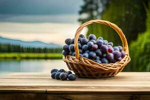 uvas dentro uma cesta em uma de madeira mesa. gerado por IA foto