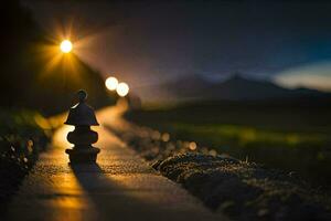 uma pedra estátua carrinhos em uma estrada às noite. gerado por IA foto