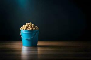 uma azul balde preenchidas com amendoim em uma de madeira mesa. gerado por IA foto