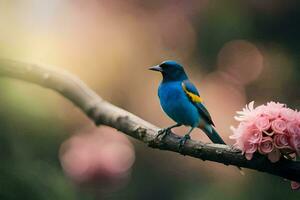 uma azul pássaro senta em uma ramo com Rosa flores gerado por IA foto