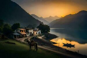 uma cavalo é em pé em a costa do uma lago às pôr do sol. gerado por IA foto