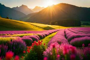 a Sol sobe sobre uma lavanda campo dentro a montanhas. gerado por IA foto