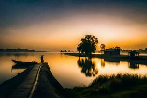 uma homem carrinhos em uma doca às nascer do sol dentro uma lago. gerado por IA foto