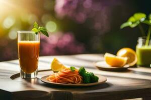 uma prato do Comida com uma vidro do suco e legumes. gerado por IA foto