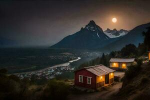 a lua sobe sobre a montanhas e uma pequeno cabine. gerado por IA foto