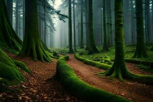 uma caminho através uma floresta com musgoso árvores gerado por IA foto