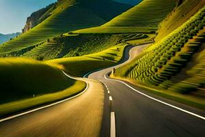 uma estrada dentro a montanhas com uma verde campo. gerado por IA foto