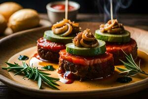 três carne espetos com legumes em uma de madeira placa. gerado por IA foto