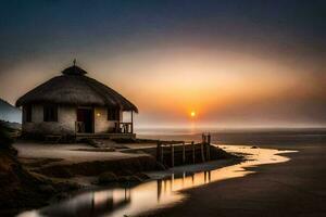 uma pequeno cabana em a de praia às pôr do sol. gerado por IA foto