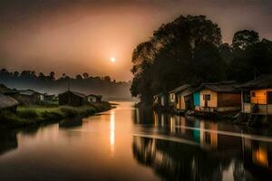 uma rio com casas e uma Sol configuração sobre isto. gerado por IA foto