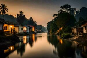 uma rio corre através uma Vila às pôr do sol. gerado por IA foto