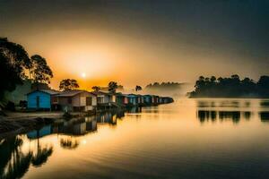 a Sol sobe sobre uma lago com de várias pequeno casas. gerado por IA foto