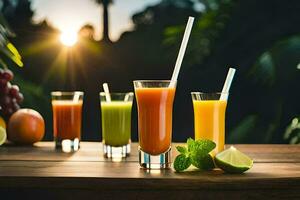 suco dentro óculos em uma de madeira mesa. gerado por IA foto