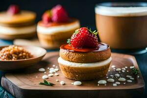 uma copo do café e uma Bolinho em uma de madeira corte borda. gerado por IA foto