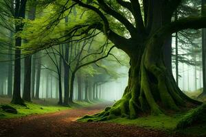 uma caminho através uma floresta com árvores e névoa. gerado por IA foto