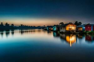 uma casa em a água às crepúsculo com uma reflexão do a céu. gerado por IA foto