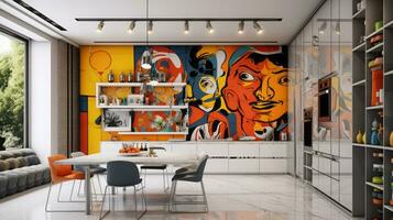 moderno brilhante jantar quarto interiores com arte papel de parede. ai gerado. foto