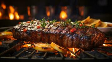 grelhado carne bifes com ervas e especiarias em uma churrasco grade. ai gerado. foto