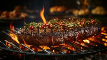 grelhado carne bifes com ervas e especiarias em uma churrasco grade. ai gerado. foto