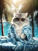 ai gerado fechar-se retrato do fofa gato manga em toalha com oculos de sol em foto do tropical jardim.