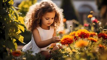 ai gerado pequeno menina jardinagem com panorama cheio do flores em caloroso ensolarado dia. família atividade. jardinagem e agricultura conceito foto