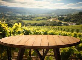 ai gerado uma volta de madeira mesa com Vinhedo, montanhas, e lindo azul céu Como a fundo, perfeito para bebidas chá, café, vinho, e etc. anúncios foto