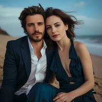 ai gerado casal sessão de fotos com azul lindo fundo sentado em de praia. à moda casal posando enquanto relaxante às período de férias.