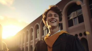 ai gerado Adolescência Alto escola Garoto dentro graduação boné e vestido em dele graduação dia universidade. Educação e pessoas. foto